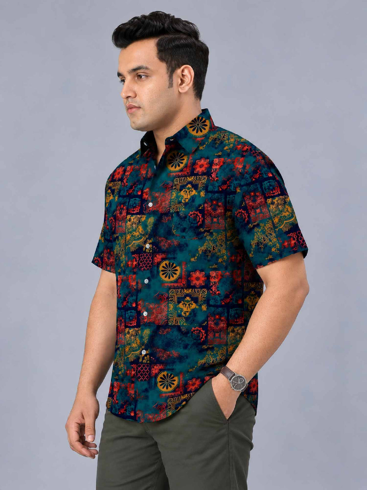 Mandala Pattern Digital Printed Men's Plus Size Half Sleeve Shirt