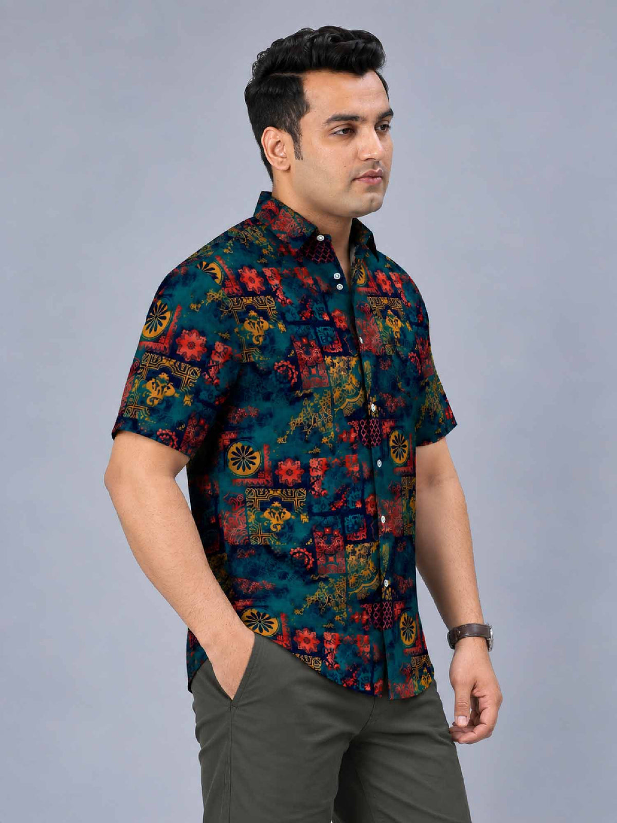 Mandala Pattern Digital Printed Men's Plus Size Half Sleeve Shirt