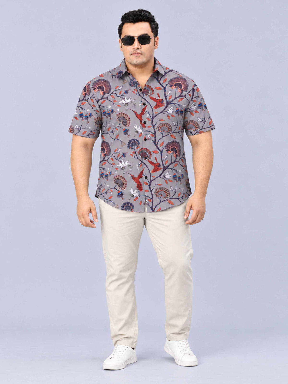 Hummingbird Floral Digital Printed Men's Plus Size Half Sleeve Shirt