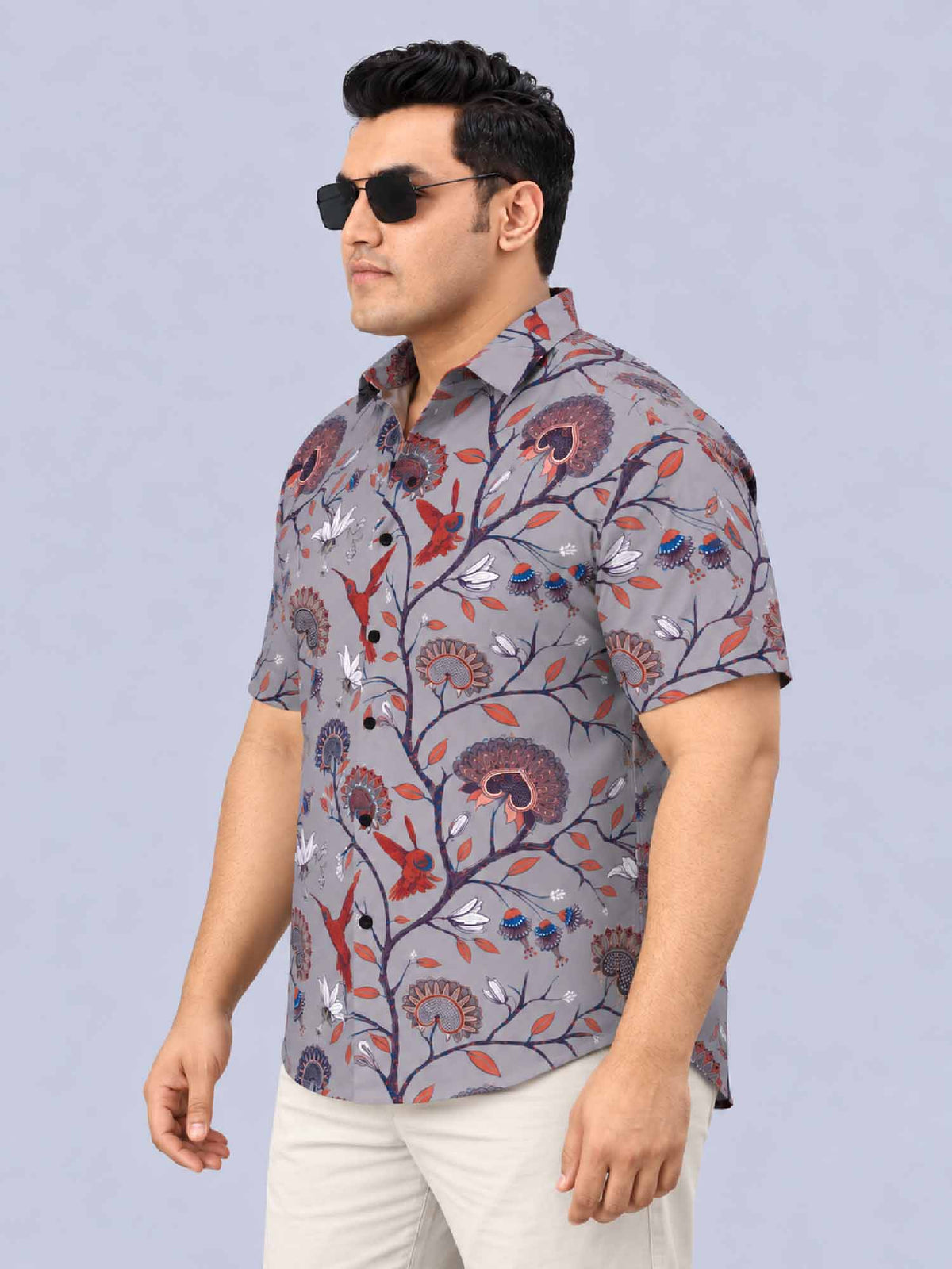 Hummingbird Floral Digital Printed Men's Plus Size Half Sleeve Shirt