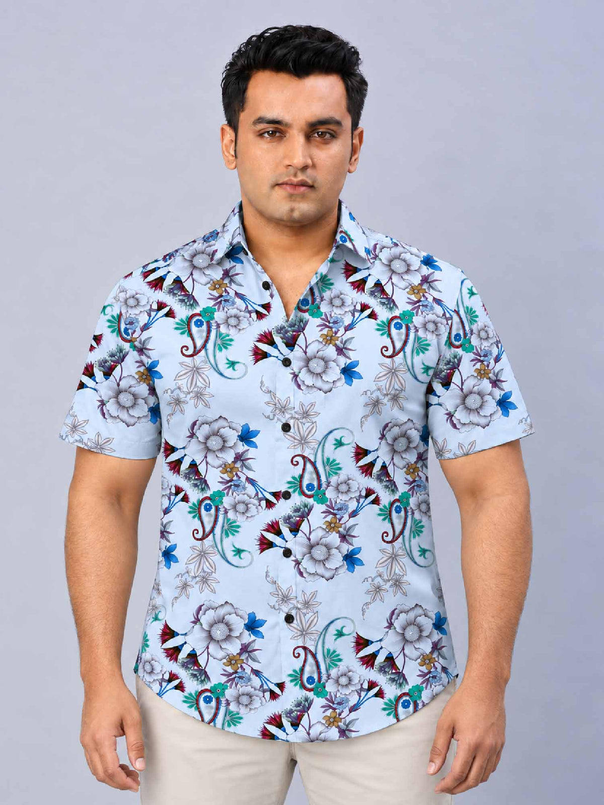 Stylized Flowers Digital Printed Men's Plus Size Half Sleeve Shirt