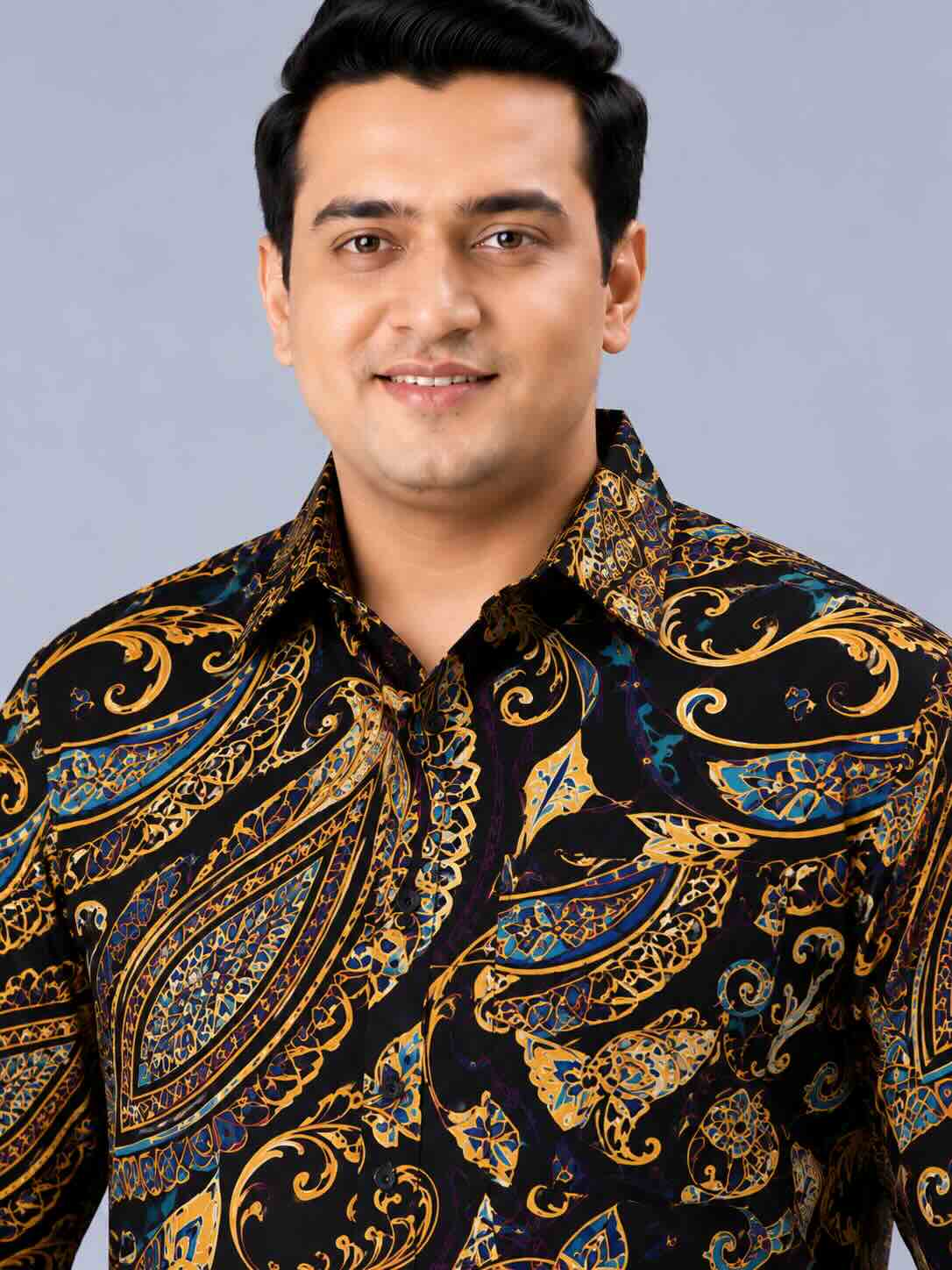 Midnight Gold Paisley Digital Printed Men's Plus Size Half Sleeve Shirt