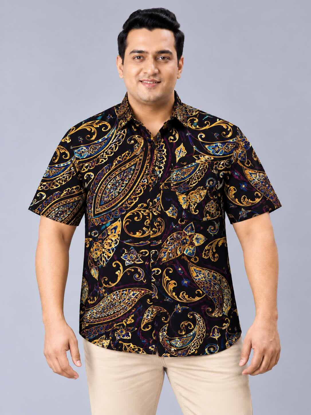 Midnight Gold Paisley Digital Printed Men's Plus Size Half Sleeve Shirt