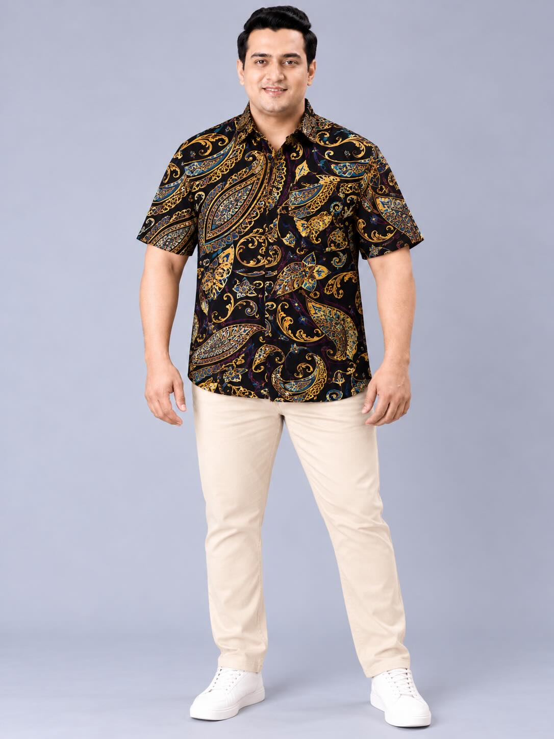Midnight Gold Paisley Digital Printed Men's Plus Size Half Sleeve Shirt