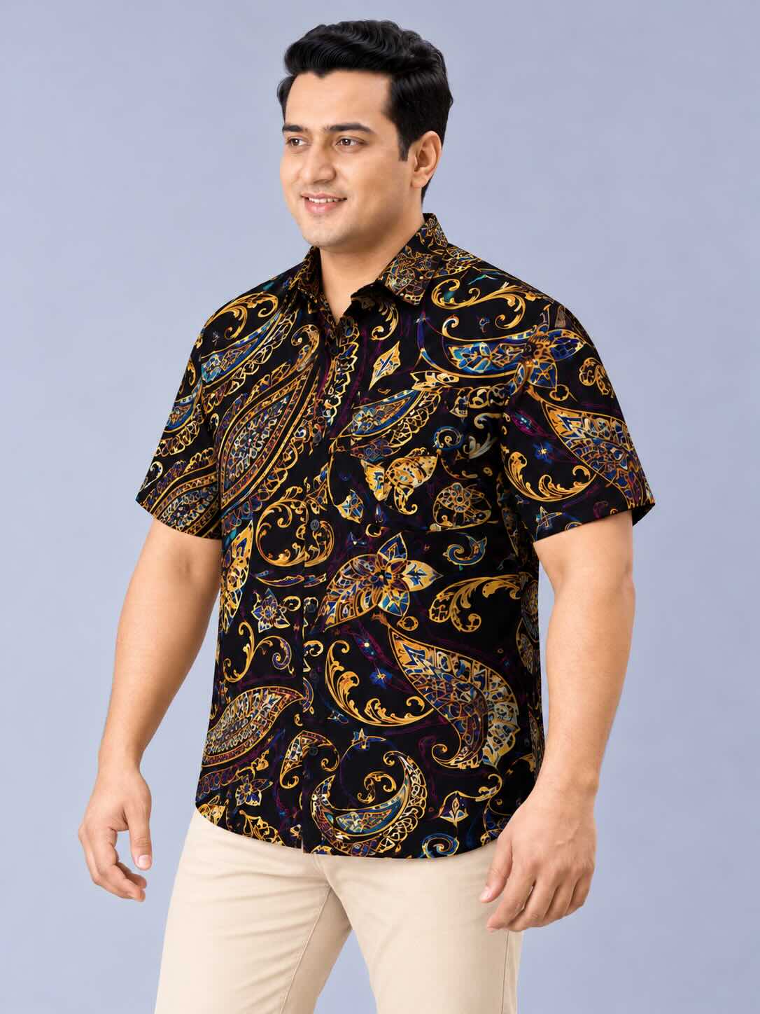 Midnight Gold Paisley Digital Printed Men's Plus Size Half Sleeve Shirt