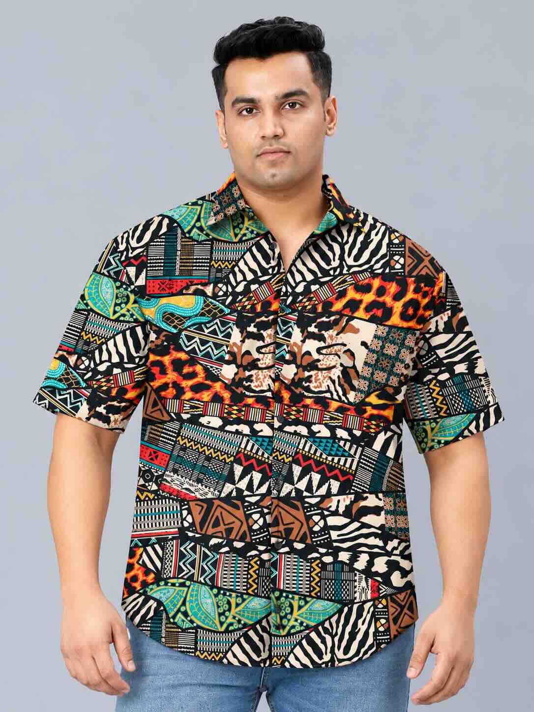 Ethnic Animal Fusion Printed Men's Plus Size Half Sleeve Shirt