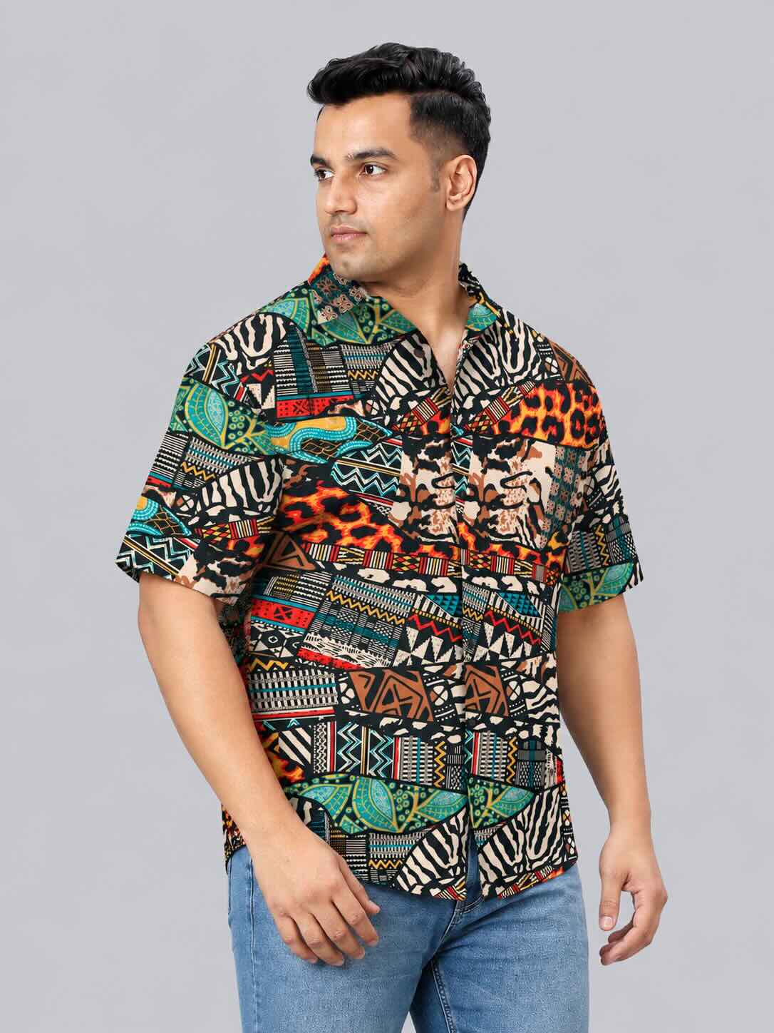 Ethnic Animal Fusion Printed Men's Plus Size Half Sleeve Shirt