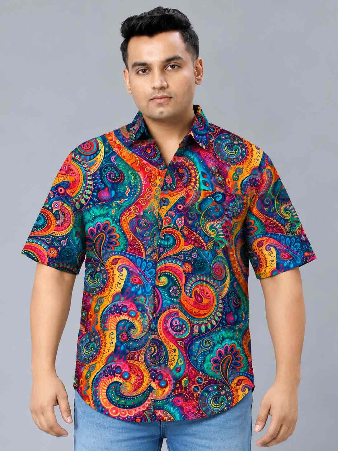 Rainbow Paisley Digital Printed Men's Plus Size Half Sleeve Shirt