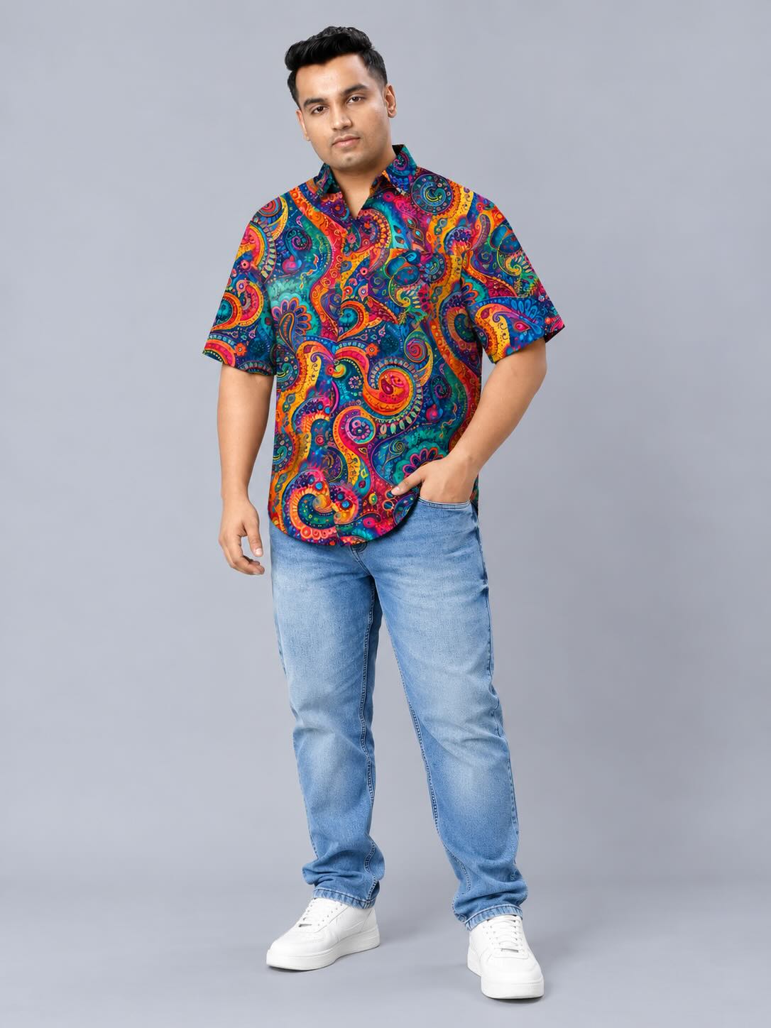 Rainbow Paisley Digital Printed Men's Plus Size Half Sleeve Shirt
