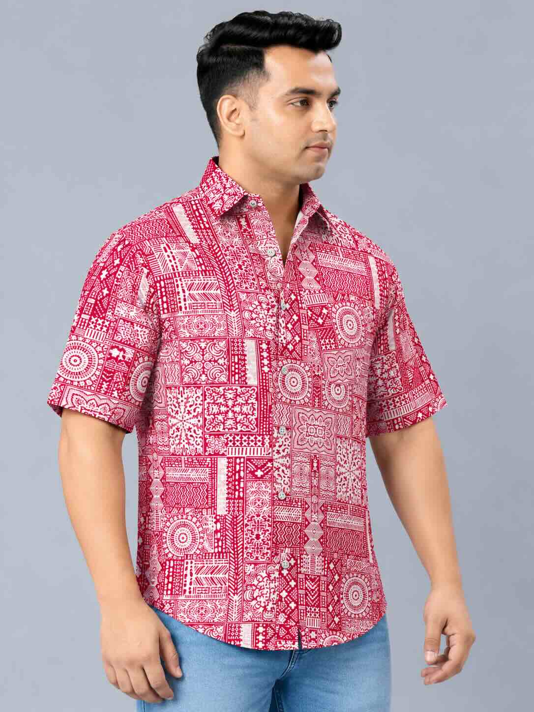 Geometric Block Printed Men's Plus Size Half Sleeve Shirt