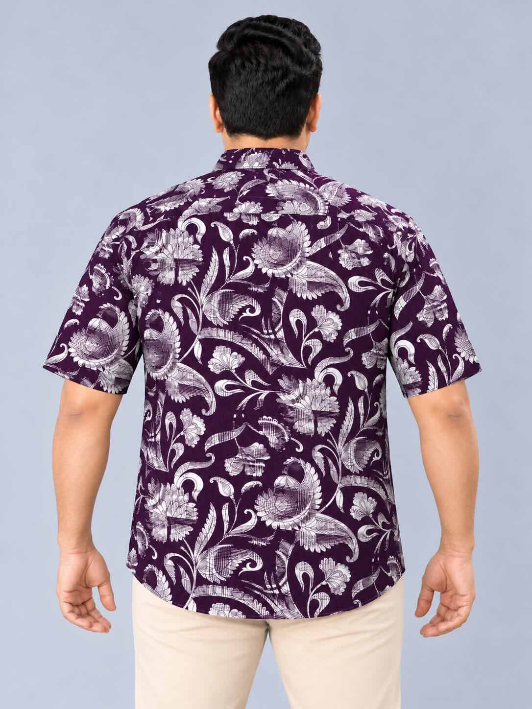 Purple Floral Printed Men's Plus Size Half Sleeve Shirt