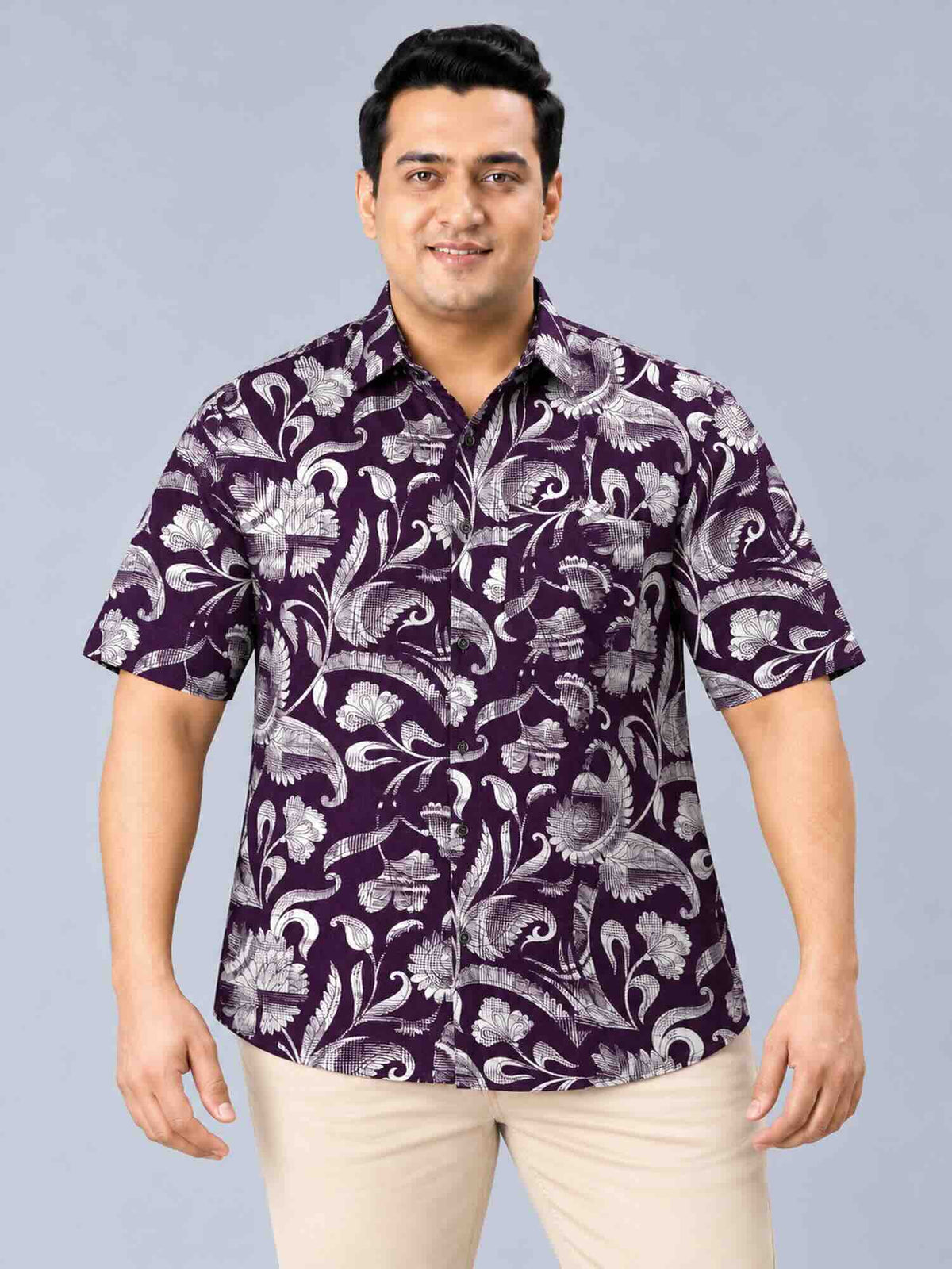 Purple Floral Printed Men's Plus Size Half Sleeve Shirt
