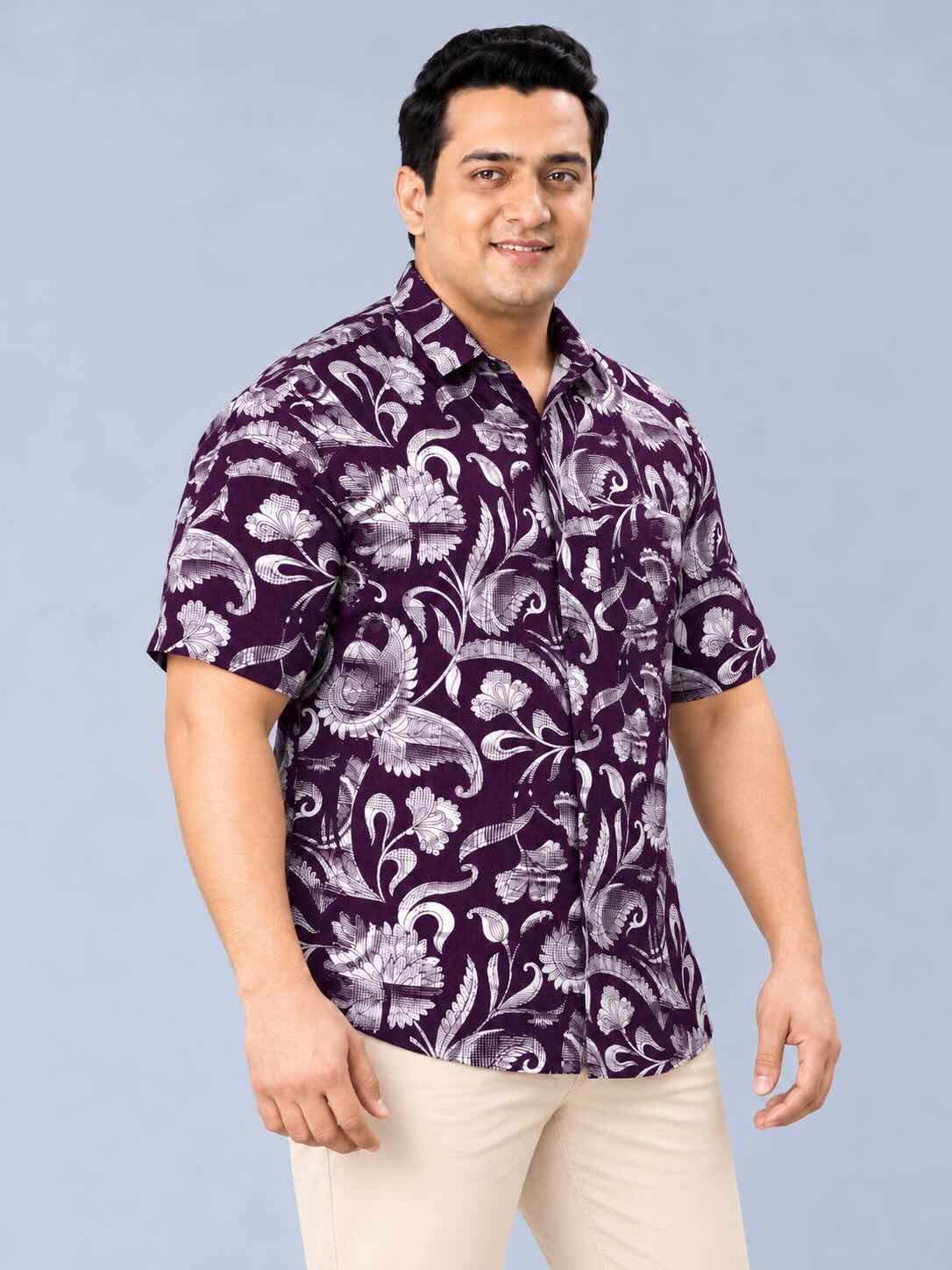 Purple Floral Printed Men's Plus Size Half Sleeve Shirt