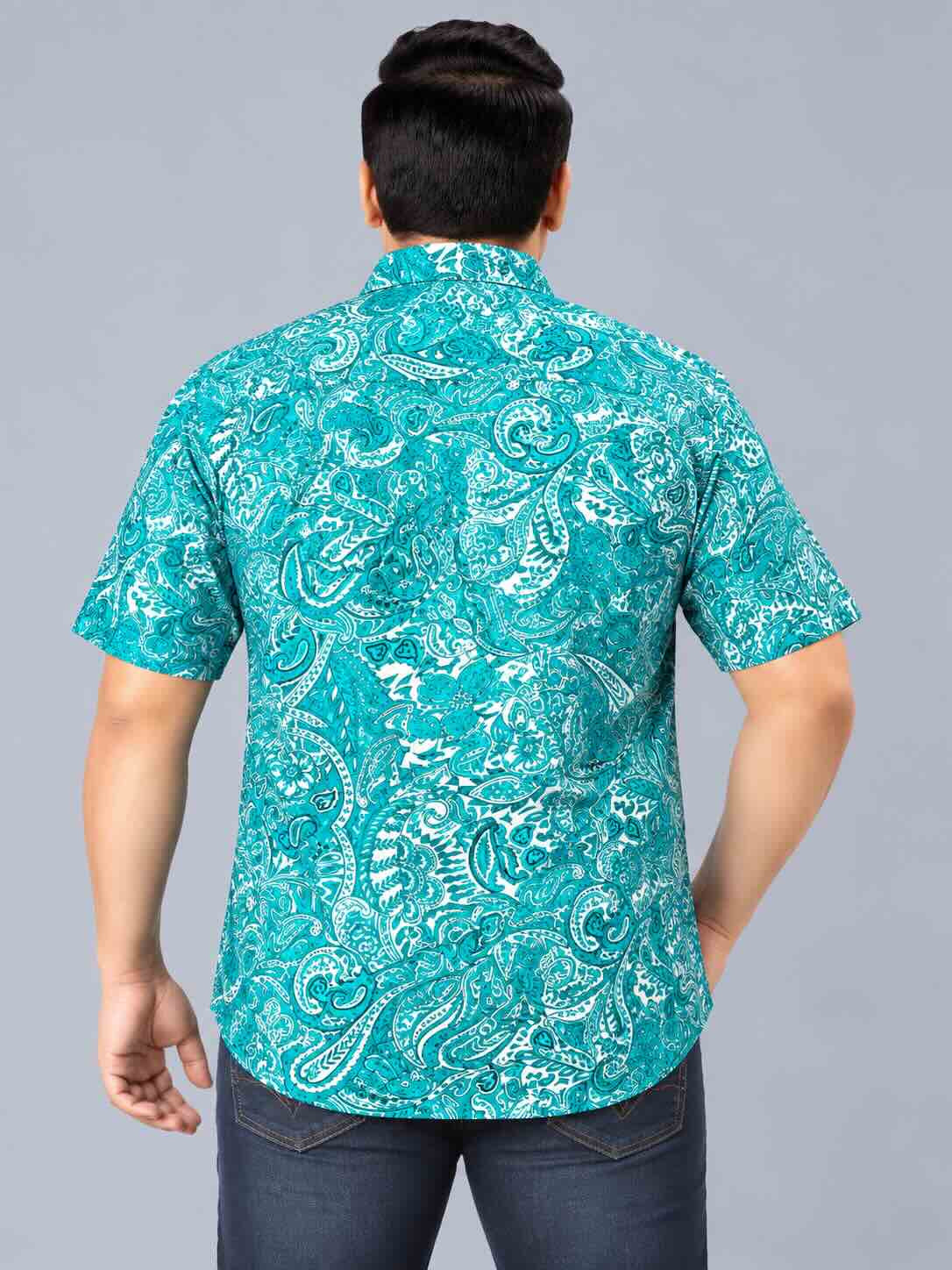 Turquoise Paisley Printed Men's Plus Size Half Sleeve Shirt