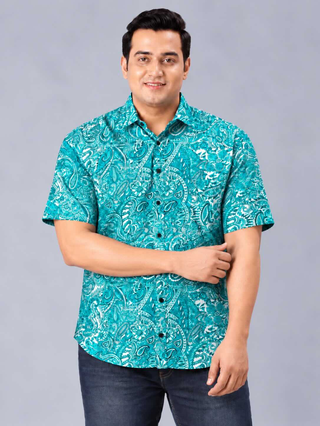 Turquoise Paisley Printed Men's Plus Size Half Sleeve Shirt