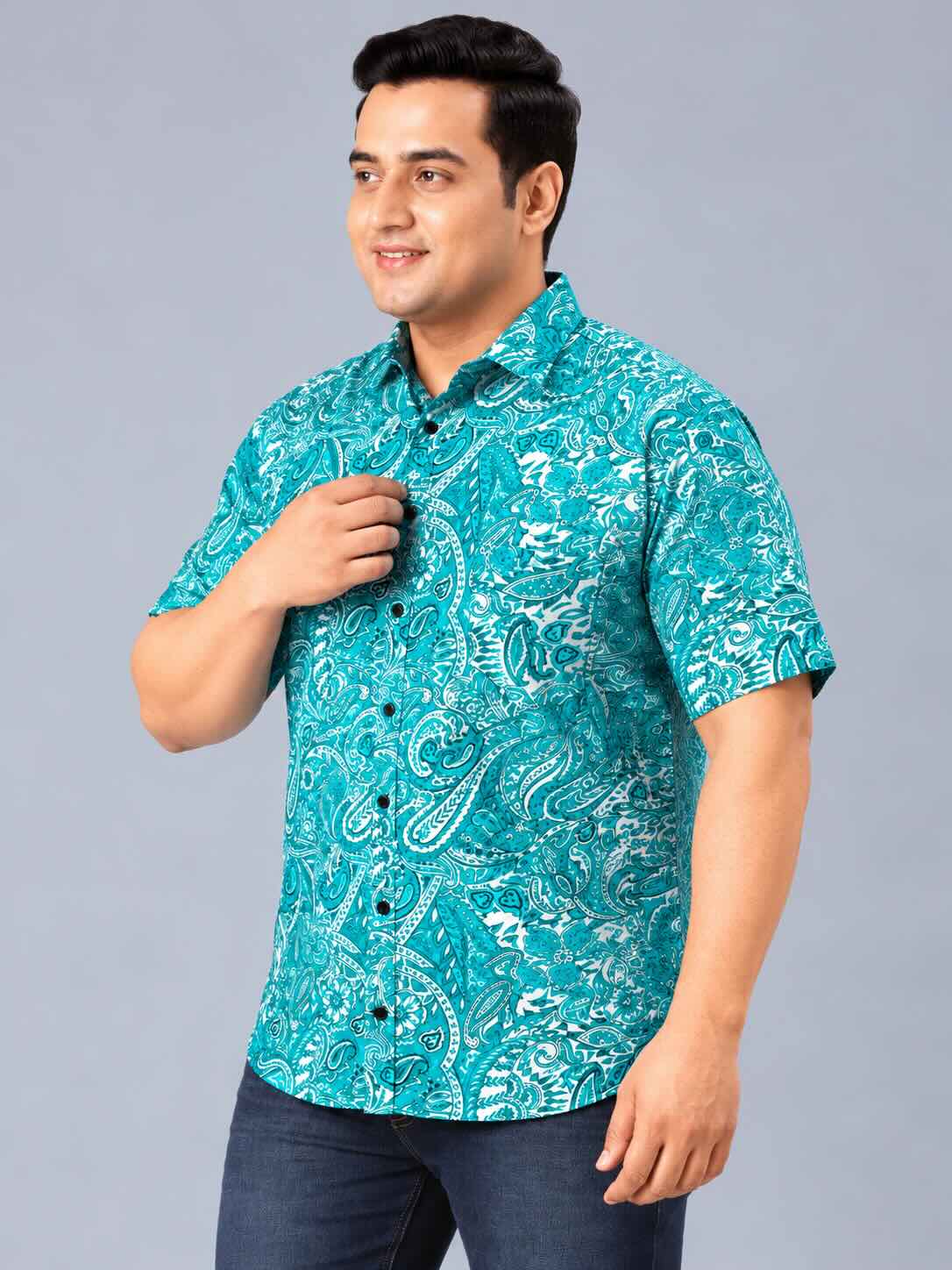 Turquoise Paisley Printed Men's Plus Size Half Sleeve Shirt