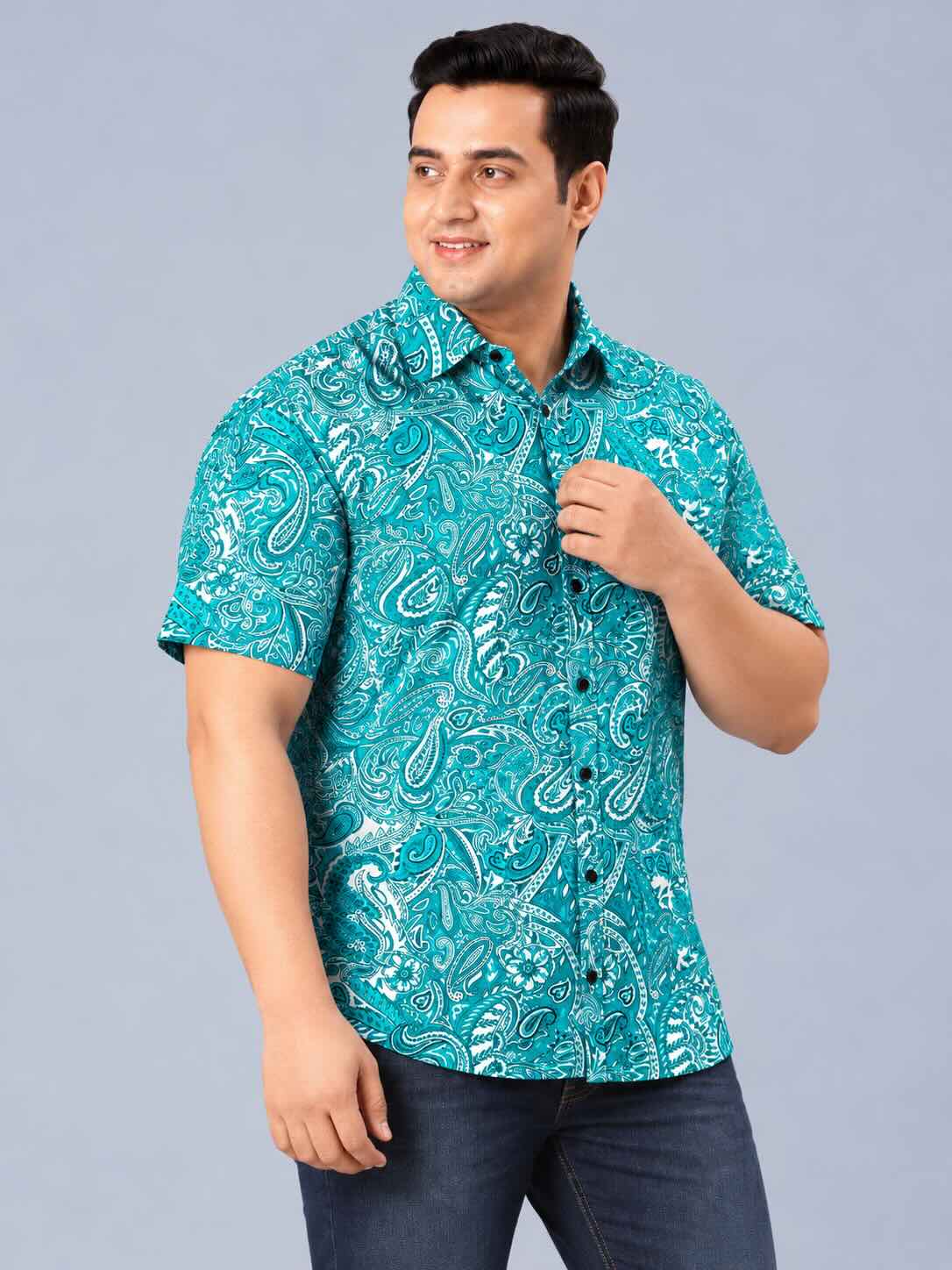 Turquoise Paisley Printed Men's Plus Size Half Sleeve Shirt