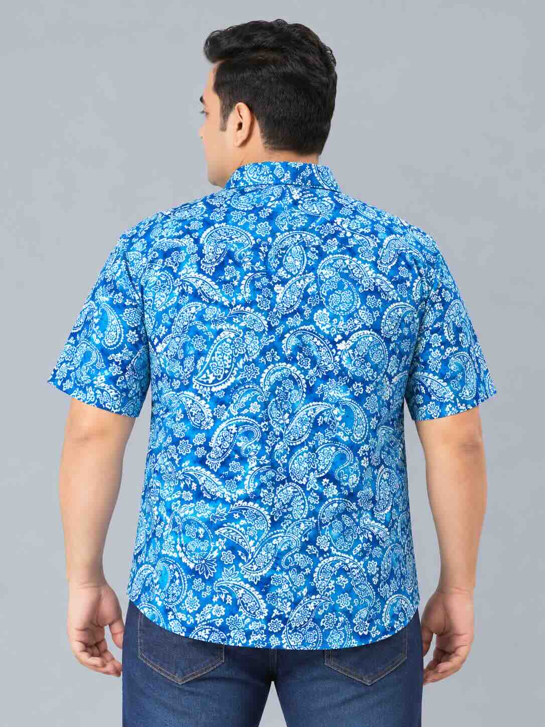 Indigo Floral Paisley Printed Men's Plus Size Half Sleeve Shirt