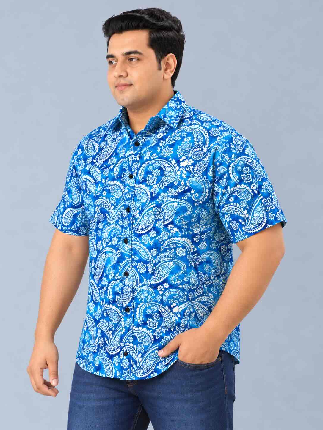 Indigo Floral Paisley Printed Men's Plus Size Half Sleeve Shirt