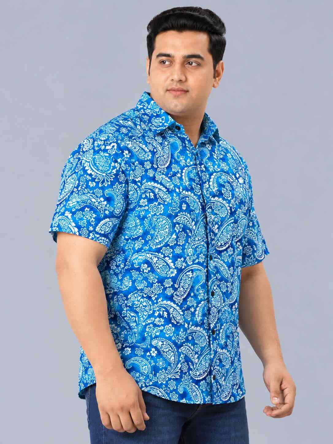 Indigo Floral Paisley Printed Men's Plus Size Half Sleeve Shirt
