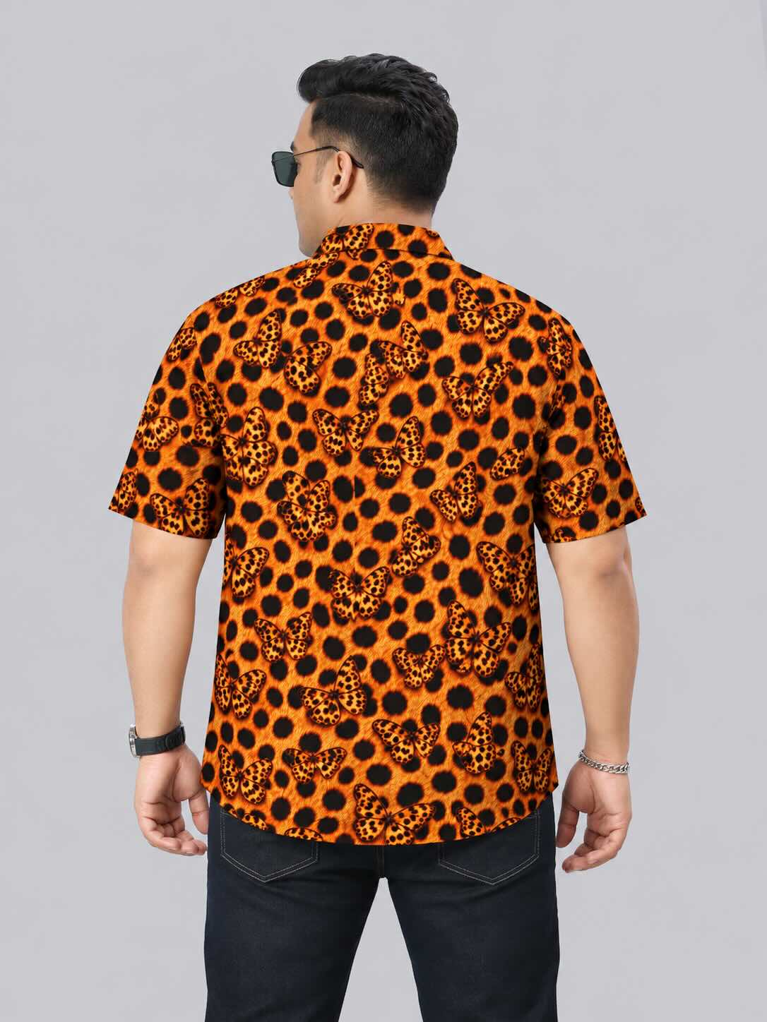 Leopard Butterfly Printed Men's Plus Size Half Sleeve Shirt