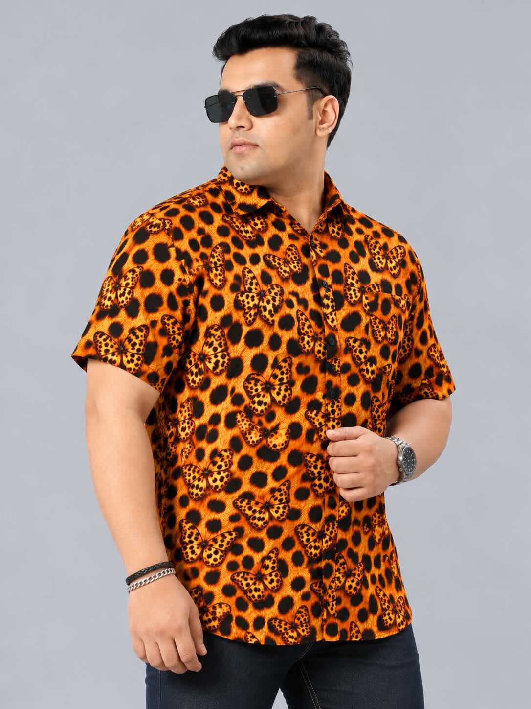 Leopard Butterfly Printed Men's Plus Size Half Sleeve Shirt