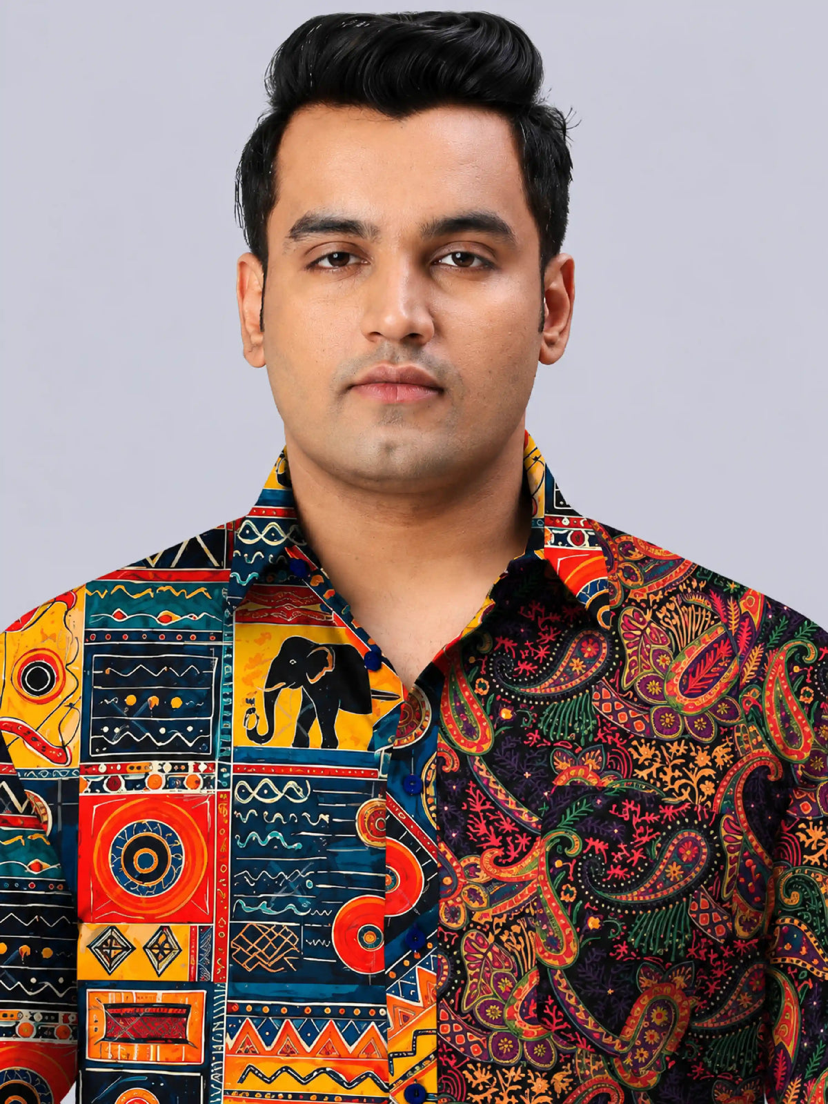 Tribal Elephant Digital Printed Men's Plus Size Party Wear Full Shirt