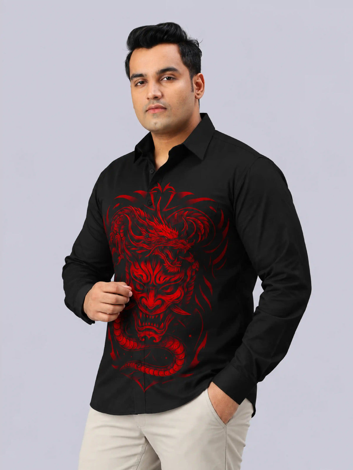 Red Oni Dragon Digital Printed Men's Plus Size Party Wear Full Shirt