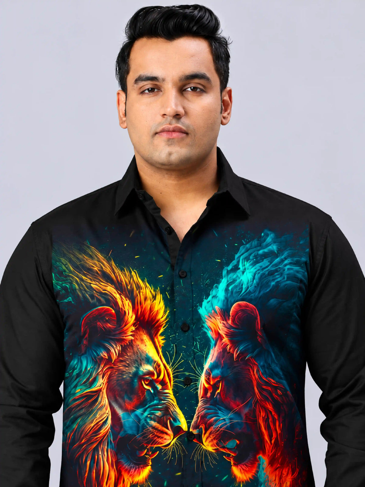 Lion Face-Off Digital Printed Men's Plus Size Party Wear Full Shirt