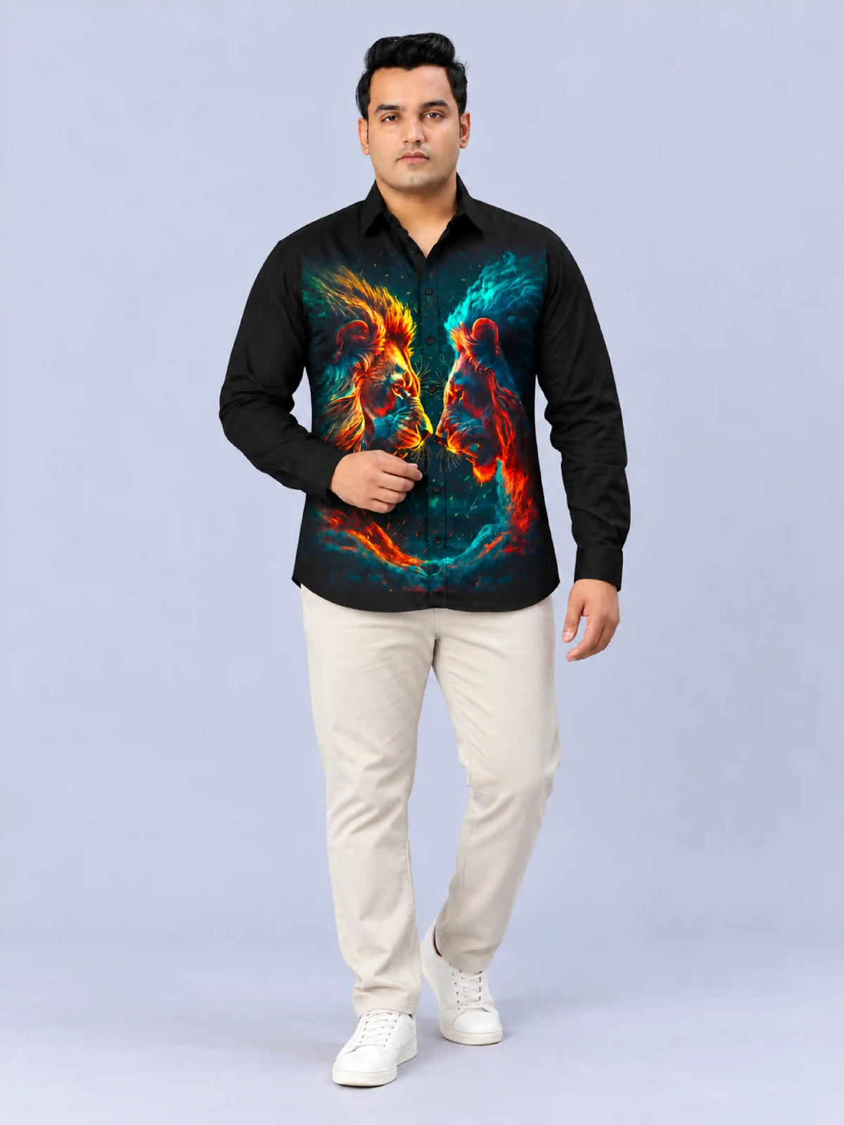 Lion Face-Off Digital Printed Men's Plus Size Party Wear Full Shirt