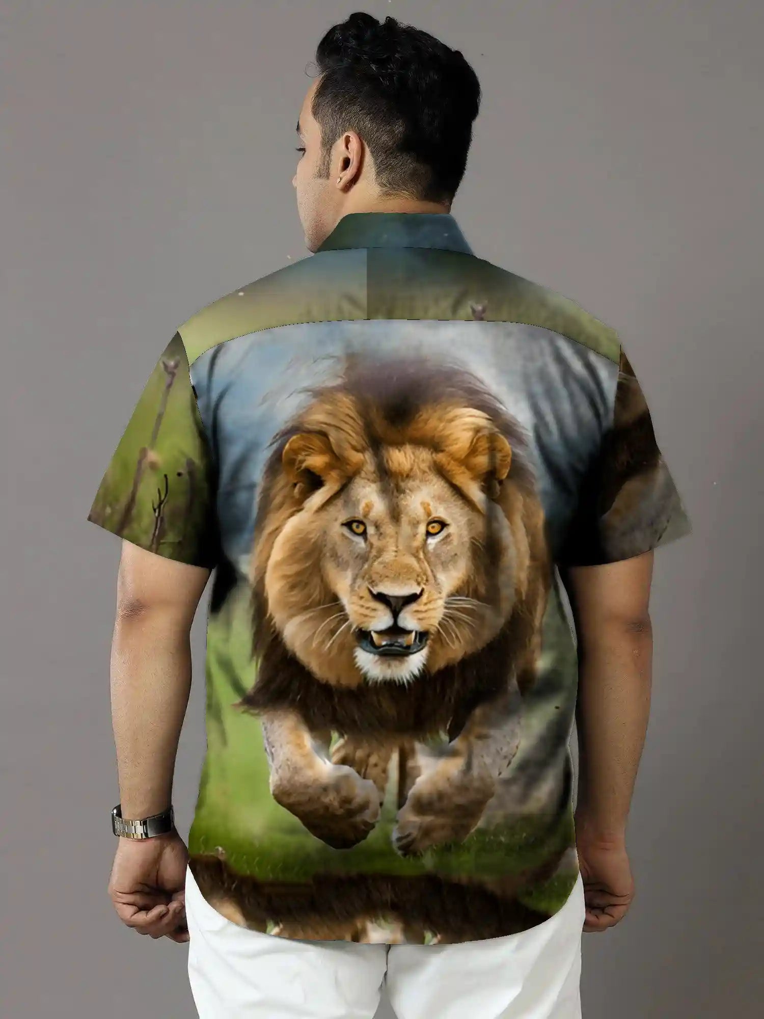 Lion Print Party Wear Plus Size Half Shirt