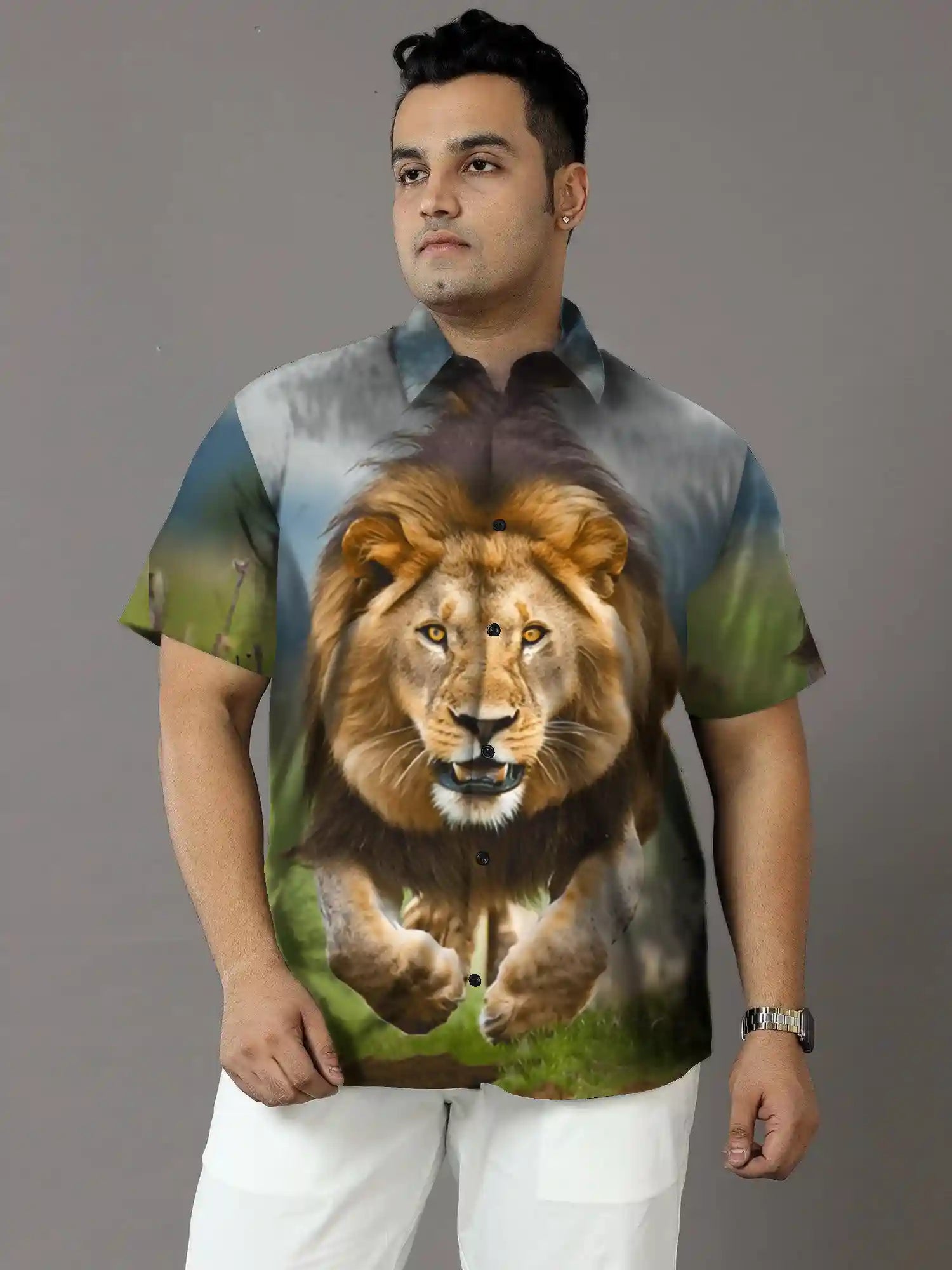 Lion Print Party Wear Plus Size Half Shirt