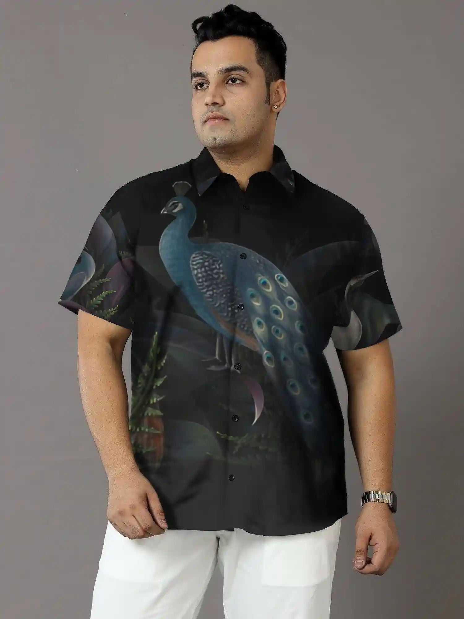 Peacock Print Party Wear Plus Size Half Shirt