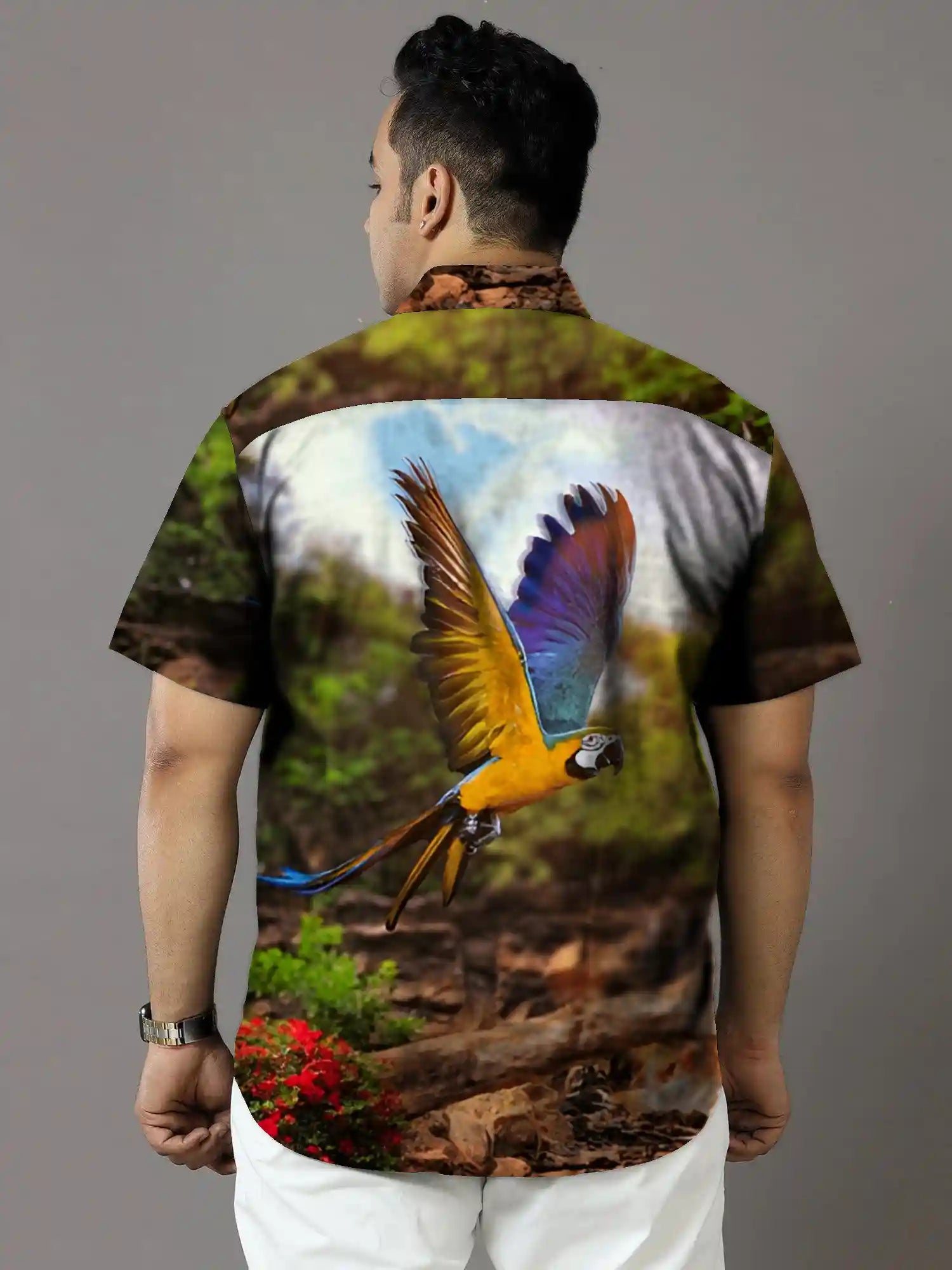 Parrots Print Party Wear Plus Size Half Shirt
