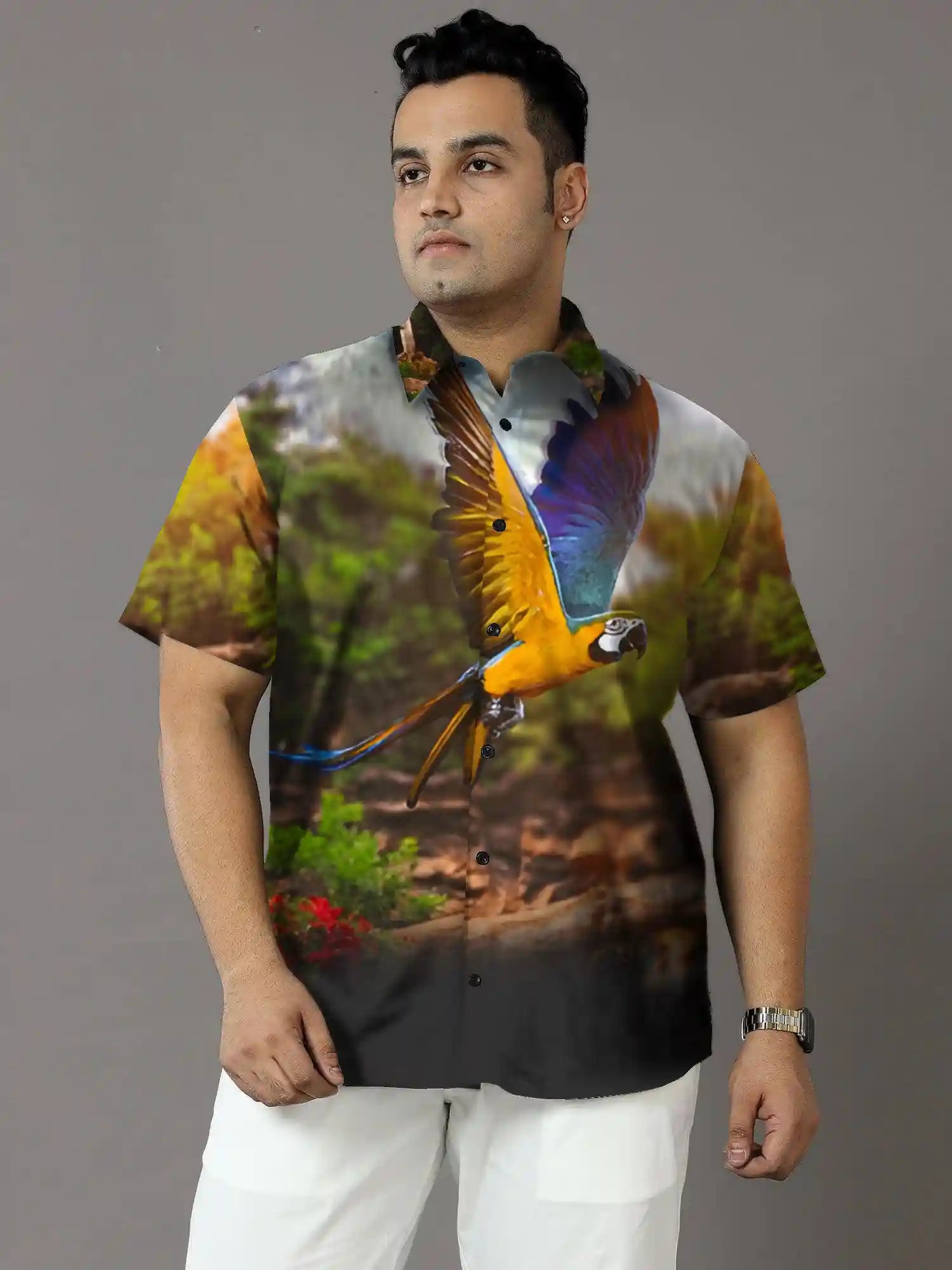 Parrots Print Party Wear Plus Size Half Shirt