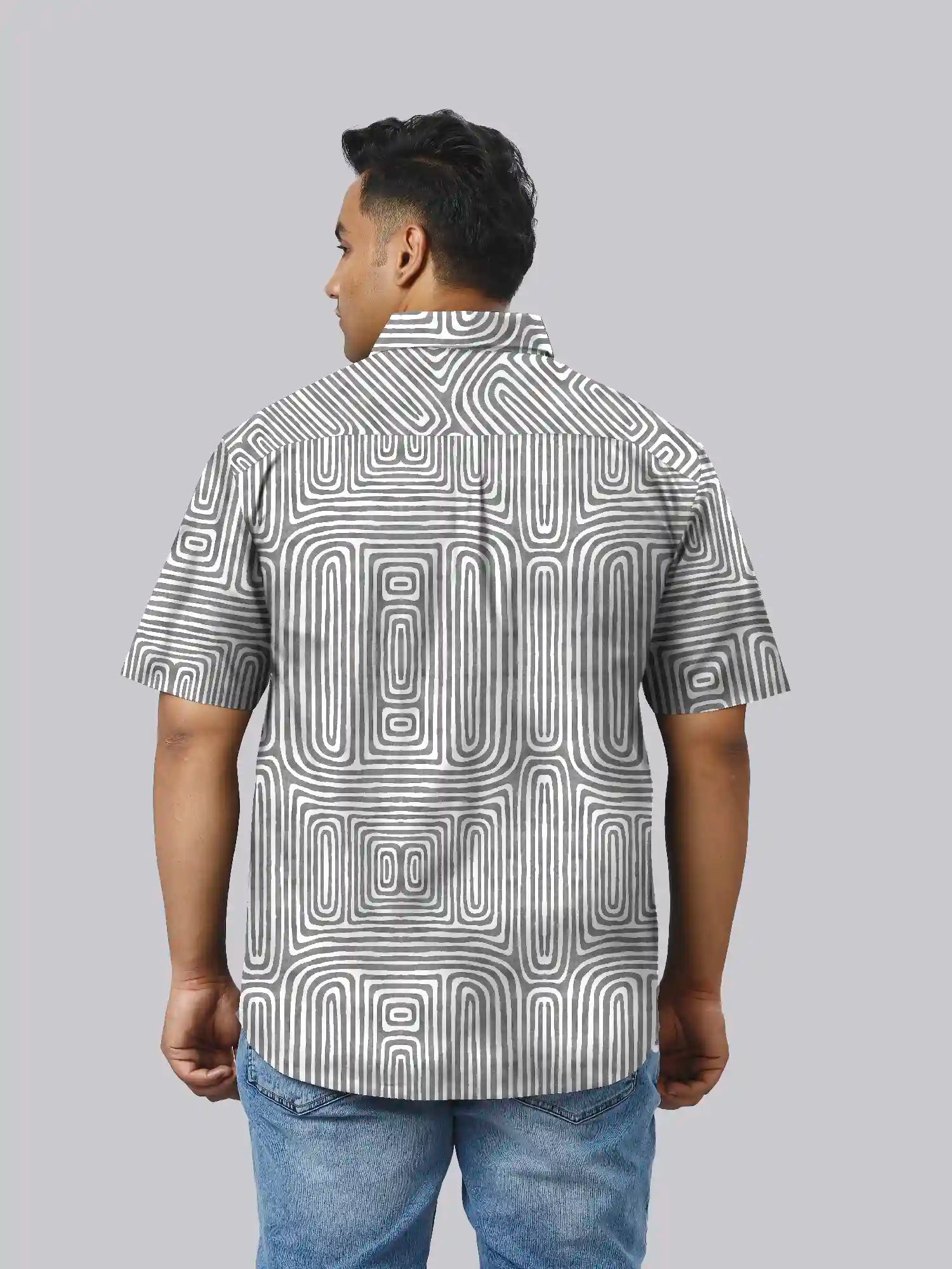 Black Abstract Cotton Linen Plus Size Half Sleeve Shirt