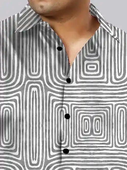 Black Abstract Cotton Linen Plus Size Half Sleeve Shirt