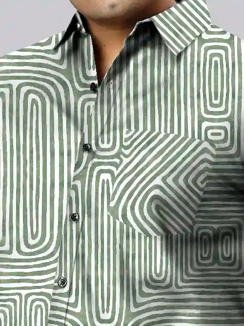Green Abstract Cotton Linen Plus Size Half Sleeve Shirt