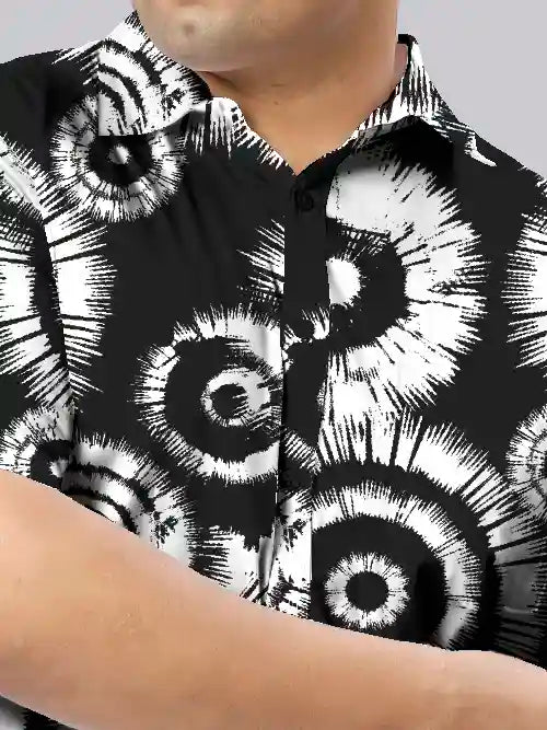 Tie Dye Black Cotton Linen Plus Size Half Sleeve Shirt