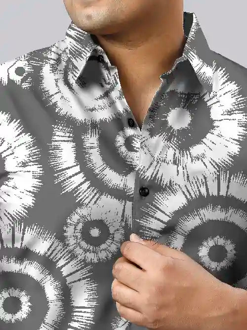 Tie Dye Grey Cotton Linen Plus Size Half Sleeve Shirt