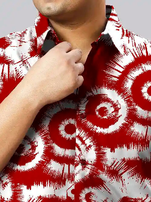 Tie Dye Red Cotton Linen Plus Size Half Sleeve Shirt