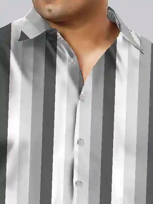 Grey Stripe Cotton Linen Plus Size Half Sleeve Shirt