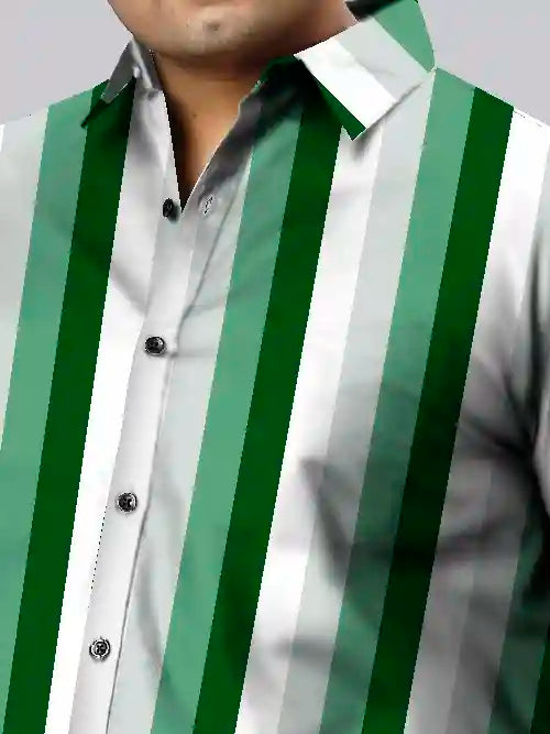 Green Stripe Cotton Linen Plus Size Half Sleeve Shirt