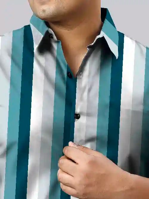 Blue Stripe Cotton Linen Plus Size Half Sleeve Shirt