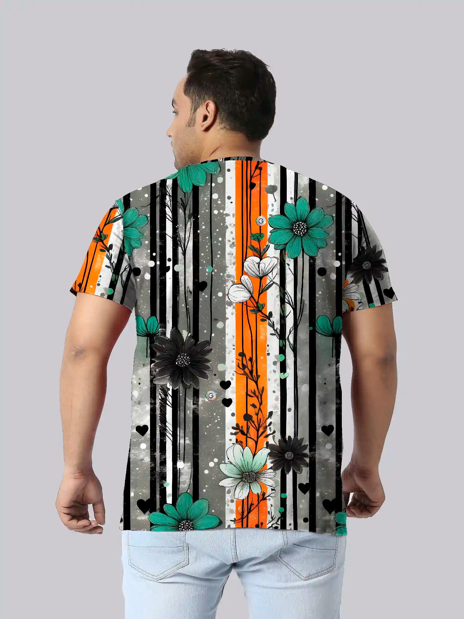 Flowers and Stripes Digital Printed Plus Size T-Shirt
