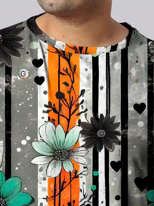 Flowers and Stripes Digital Printed Plus Size T-Shirt