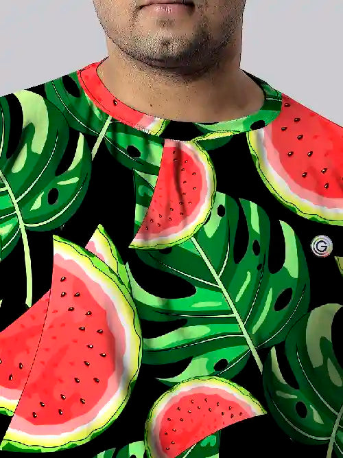 Watermelon Slices and Leaves Digital Printed Plus Size T-Shirt