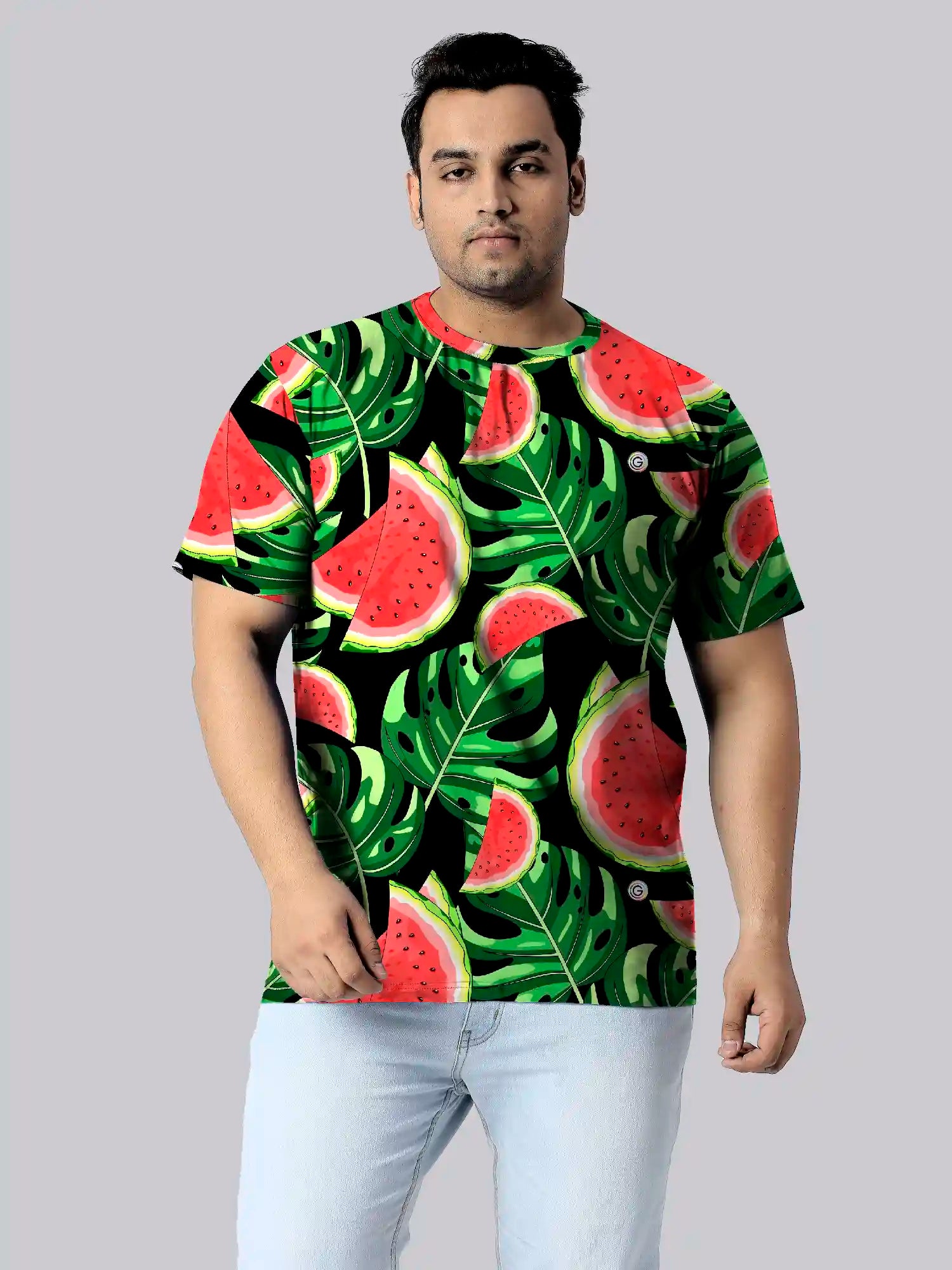 Watermelon Slices and Leaves Digital Printed Plus Size T-Shirt