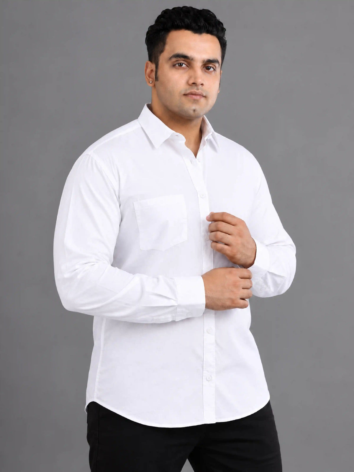 White Solid Pure Cotton Men's Plus Size Full Sleeve Shirt