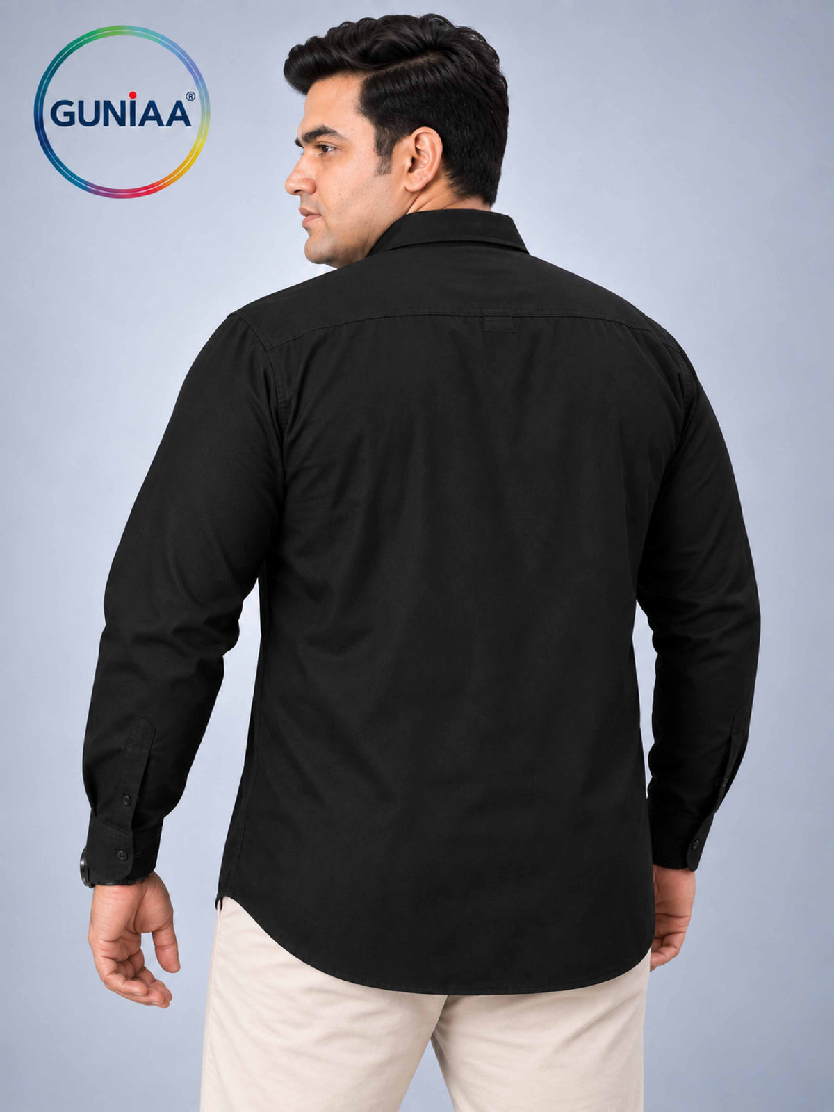 Black Solid Pure Cotton Men's Plus Size Double Pocket Full Sleeve Shirt
